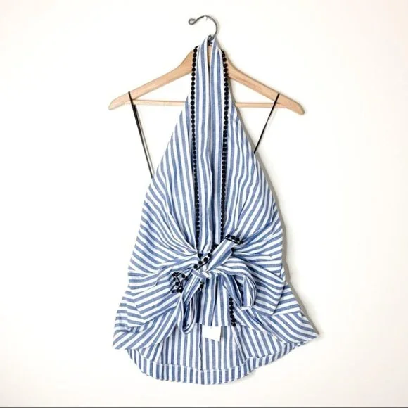 Zara Striped Tie Front Halter Top Blue & White Size Small - Picture 2 of 16